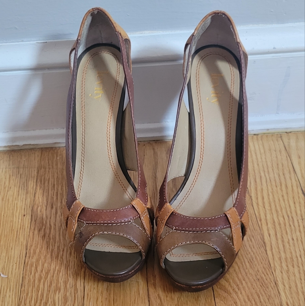 Stylish Brown and Tan Peep-Toe Heels